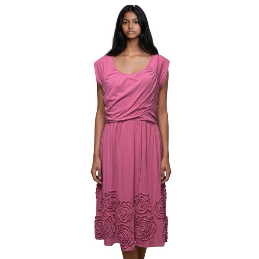 Garnet Hill 3D Rosette Dress Women’s Sz 10 Pink Raspberry Flowers Midi